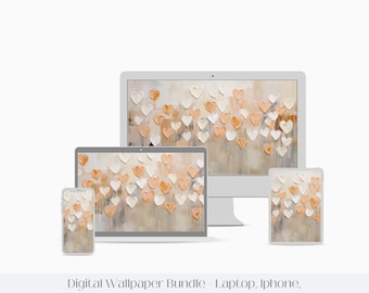 Puede incluir: Un paquete de fondos de pantalla digitales con un diseño de corazones abstractos en tonos melocotón y blanco sobre un fondo beige. El paquete incluye fondos de pantalla para portátil, iPhone y iPad.