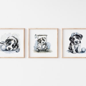 Golf Nursery Prints, Puppy Golf Wall Art, Watercolor Golf Nursery Decor, Cute Dog Lover Nursery Wall Art, Golf Lover Baby Shower Gift