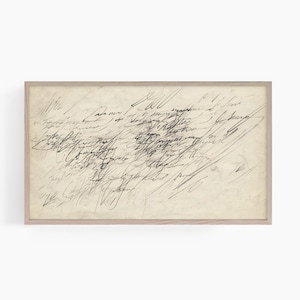 May include: A black and white abstract art print with a background of cream colored paper. The print features a series of scribbles and lines that appear to be handwritten.