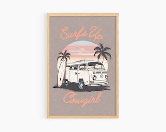 Surf's Up Cowgirl Art Print, Coastal Cowgirl Poster Print, Preppy Cowgirl Dorm Room Wall Art, Girly Digital Download Beach Aesthetic, S075