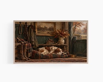 Fall Frame TV Art, English Country Dog Painting, Cozy Autumn Cottage Art, Vintage Sporting Decor, Samsung Frame TV Art T967