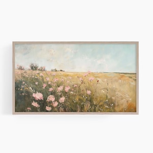 Soft Floral Frame TV Art Vintage Field Painting Art Moody Rustic Spring Painting Earthy Botanical Screensaver Floral Spring Decor, T923