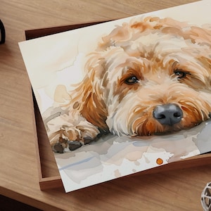 May include: Watercolor painting of a light brown dog with its head resting on its paws. The dog has a soft, fluffy coat and a sweet expression.