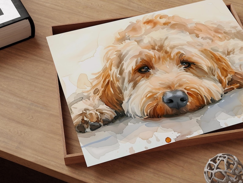 May include: Watercolor painting of a light brown dog with its head resting on its paws. The dog has a soft, fluffy coat and a sweet expression.