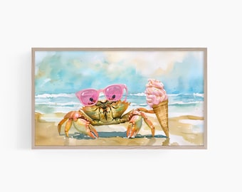 Funny Crab Frame TV Art, Digital Download Art For TV, Samsung Frame TV Art, Watercolor Crab Painting, Pastel Beach House Tv Art, T913