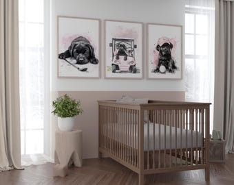 Láminas para habitación de niña golfista, arte mural para cachorros golfistas, decoración de habitación de golf, arte mural para habitación de perro labrador negro, regalo para baby shower de amantes del golf, S213