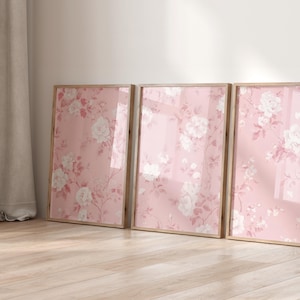 Pink Vintage Floral Print Set of 3, Love Shack Fancy Wall Art, Pink Posters Digital Download, Chinoiserie Wall Decor, Girl Nursery Art, S095