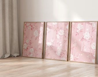 Różowy Vintage Floral Print Set of 3, Love Shack Fancy Wall Art, Różowe plakaty do pobrania w wersji cyfrowej, Chinoiserie Wall Decor, Sztuka do pokoju dziecięcego dla dziewczynek, S095