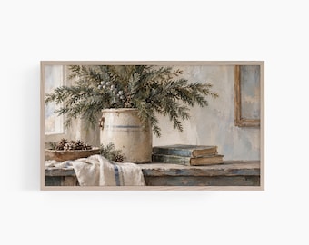 Winter Frame TV Art, Vintage Evergreen Painting, English Country Christmas Decor, Cozy Cottage Samsung Frame TV Art T969