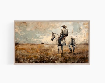 May include: A painting of a cowboy riding a white horse through a field of tall grass. The sky is a muted blue with hints of orange and yellow. The cowboy is wearing a brown hat and a blue shirt.