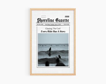 Surfer Print Newspaper Cover Wall Art, Preppy Coastal Art Surf Wall Art, Trendy Coastal Newspaper Printable Wall Art, S059
