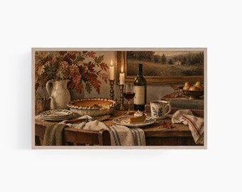 Thanksgiving Frame TV Art, Vintage Pumpkin Pie Painting, Cozy Fall Kitchen Art, Autumn Dinner Samsung Frame TV Art T972