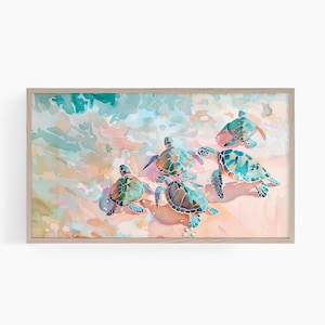 Puede incluir: Pintura a la acuarela de cinco tortugas marinas en tonos azules, verdes y marrones, nadando en un océano azul claro y rosa. Las tortugas son el punto focal de la obra de arte, con sus caparazones y aletas visibles.