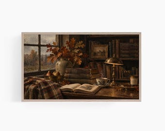Dark Academia Frame TV Art, Moody Autumn Library, Vintage Fall Painting, Cozy English Country Decor, Samsung TV Art T974