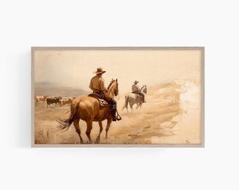 Samsung frame tv kunst cowboy, cowboy tv kunst, Southwest cowboy olieverfschilderij, vee rijden frame tv kunst, vintage cowboy frame tv kunst, T896