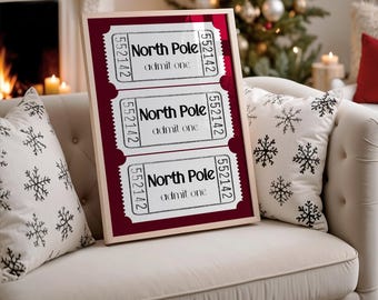 North Pole Ticket Stub Print, Red Christmas Decor, Trendy Christmas Art, Christmas Wall Art, Holiday Home Decor, S141