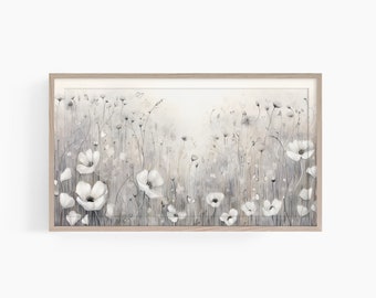 Art mural neutre fleurs sauvages, cadre TV Samsung, cadre prairie de fleurs blanches, paysage de campagne aux tons chauds, cadre campagne fleurs sauvages