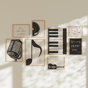 Retro Music Wall Art Gallery, Set of 8, Turntable Poster, Piano Keys Print, Room Decoration, Music Lover Art Prints, Music Room Art, S236