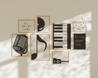 Retro Music Wall Art Gallery, Set of 8, Turntable Poster, Piano Keys Print, Room Decoration, Music Lover Art Prints, Music Room Art, S236