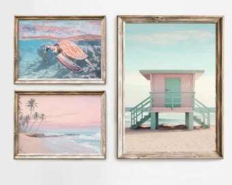 Beach Wall Art Set of 3, Pink Coastal Poster Print, Preppy Dorm Room Wall Art, Girly Digital Download Beach Aesthetic, S147