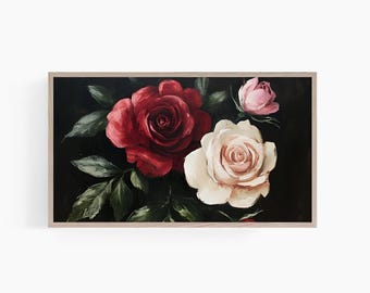 Stämningsfull blommig TV-ramkonst, mörk blommig TV-ramkonst, Samsung-ramkonst för TV, rosor i TV-ramkonst, vintagemålning för TV, T851