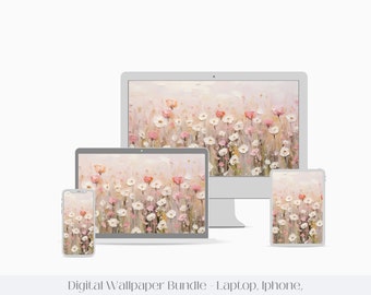 Spring Wildflowers Watercolor Digital Wallpaper, IPhone IPad Laptop Wallpaper Background, Soft Pastel Digital Wallpaper