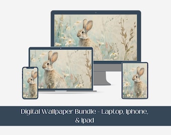 May include: A digital wallpaper bundle featuring a cute rabbit in a field of flowers. The bundle includes wallpapers for laptop, iPhone, and iPad.