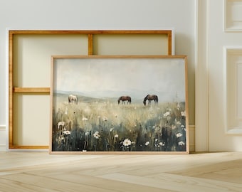 Wild Horses Wall Art Print, Printable Vintage Horse Painting, Horses in Wildflower Meadow Wall Art, Country Farmhouse Wall Art, S118