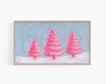 Arte digital para TV con árboles de Navidad rosas, descarga gratuita, arte invernal para TV, arte navideño rosa para TV, cuadro para TV. T940
