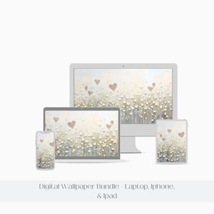 Spring Wildflowers with Hearts Neutral Watercolor Digital Wallpaper, IPhone IPad Laptop Wallpaper Background, Soft Tone Digital Wallpaper