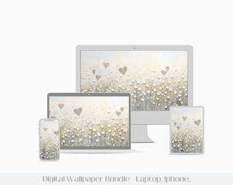 Spring Wildflowers with Hearts Neutral Watercolor Digital Wallpaper, IPhone IPad Laptop Wallpaper Background, Soft Tone Digital Wallpaper