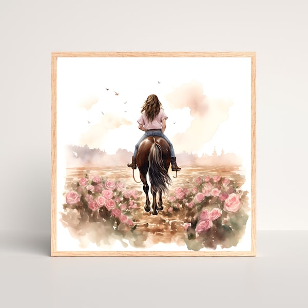 Girl Riding Horse In Wildflower Field Watercolor Painting, Download & Print Art, Girls Room Art, Horse Lover Gift, Teen Girl Horse Room Art