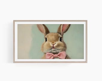Samsung Rahmen TV Kunst, Osterrahmen TV Kunst, Frühlingsrahmen Tv Art, Pastell Osterhase mit Schleife, Hase Kokette Schleife, T894