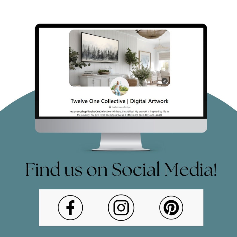 May include: A computer screen displaying a website for Twelve One Collective, a digital art business. The website features a photo of a woman in a room with a painting on the wall. The text on the screen reads "Twelve One Collective | Digital Artwork" and includes a link to the business's Etsy shop. The screen also includes social media icons for Facebook, Instagram, and Pinterest.