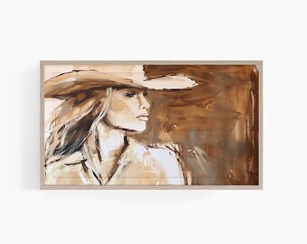 May include: A painting of a woman wearing a brown cowboy hat. The woman is looking to the right and her hair is long and flowing. The background is a brown and beige abstract design.