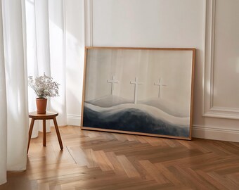 Aquarel Pasen kruis kunst aan de muur, kruisen op een heuvel kunst aan de muur, afdrukbare paaskunst, het is voltooid religieuze paaskunst aan de muur afdrukbare, S187