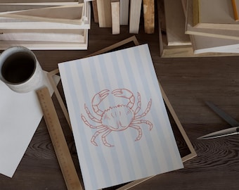 Stripy Crab Print, Coastal Crab Print, Beach Wall Art, Dopamine Decor, Summer Wall Art, Crab Wall Art, Beach House Print, S205