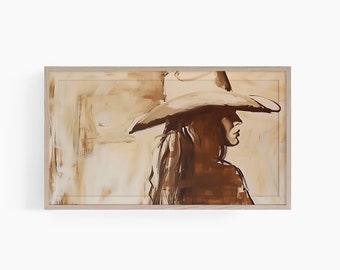 May include: A framed painting of a woman wearing a wide-brimmed hat. The painting is done in shades of brown and beige, with a soft, abstract style.