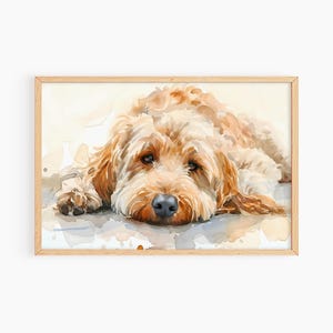 May include: A watercolor painting of a light brown dog with a fluffy coat, lying down with its head resting on the ground. The dog has a soft, gentle expression and its eyes are closed.