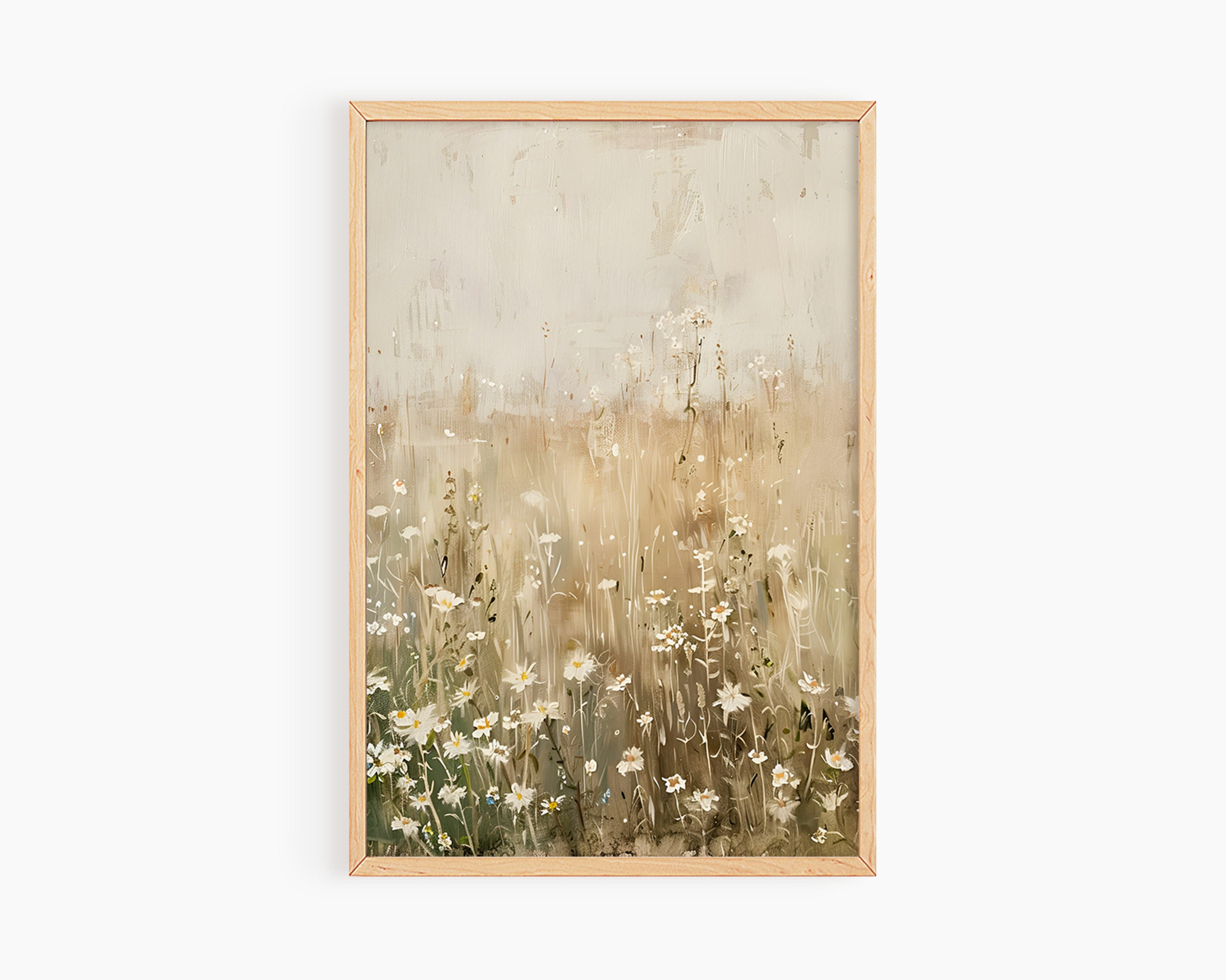 Printable Wildflower Field Landscape Vintage Painting, Neutral Spring Farmhouse Print, Neutral Wall Art, Spring Art Digital Download