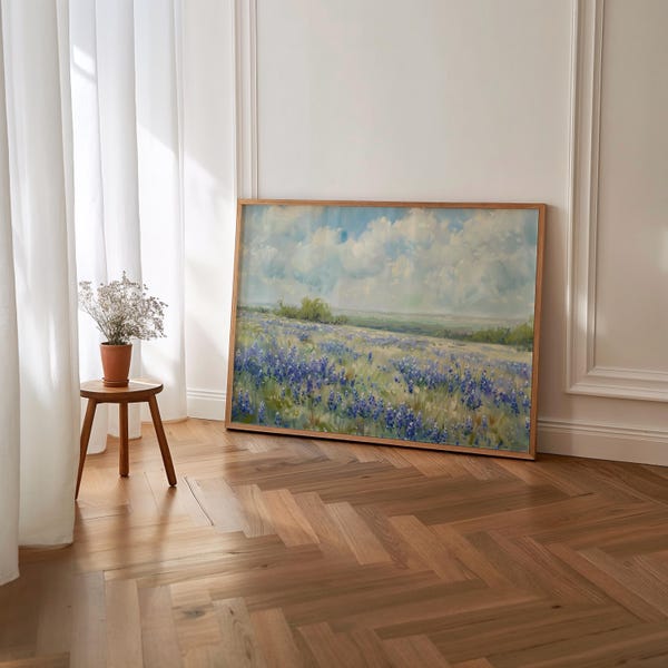 Lámina decorativa de lupinos azules, arte vintage imprimible en tonos suaves, pintura de lupinos azules, pintura de flores silvestres azules, arte de pared de lupinos azules de Texas, S171