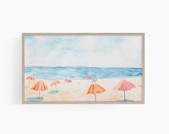 Arte minimalista para TV con marco de playa, arte para TV con marco Samsung, impresión artística para TV con marco de sombrilla de playa, arte para TV con pintura de playa, arte para TV neutro, T911