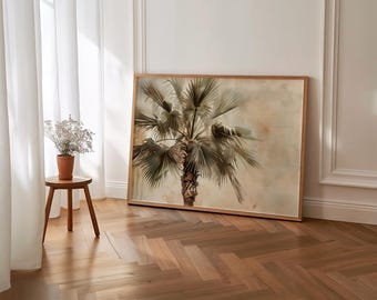 Puede incluir: Una impresión enmarcada de una pintura de acuarela de una palmera sobre un fondo marrón.