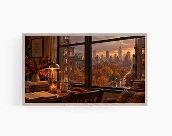 Fall Frame TV Art, New York City Autumn Painting, Cozy NYC Apartment View, Rainy Fall Samsung Frame TV Art T975