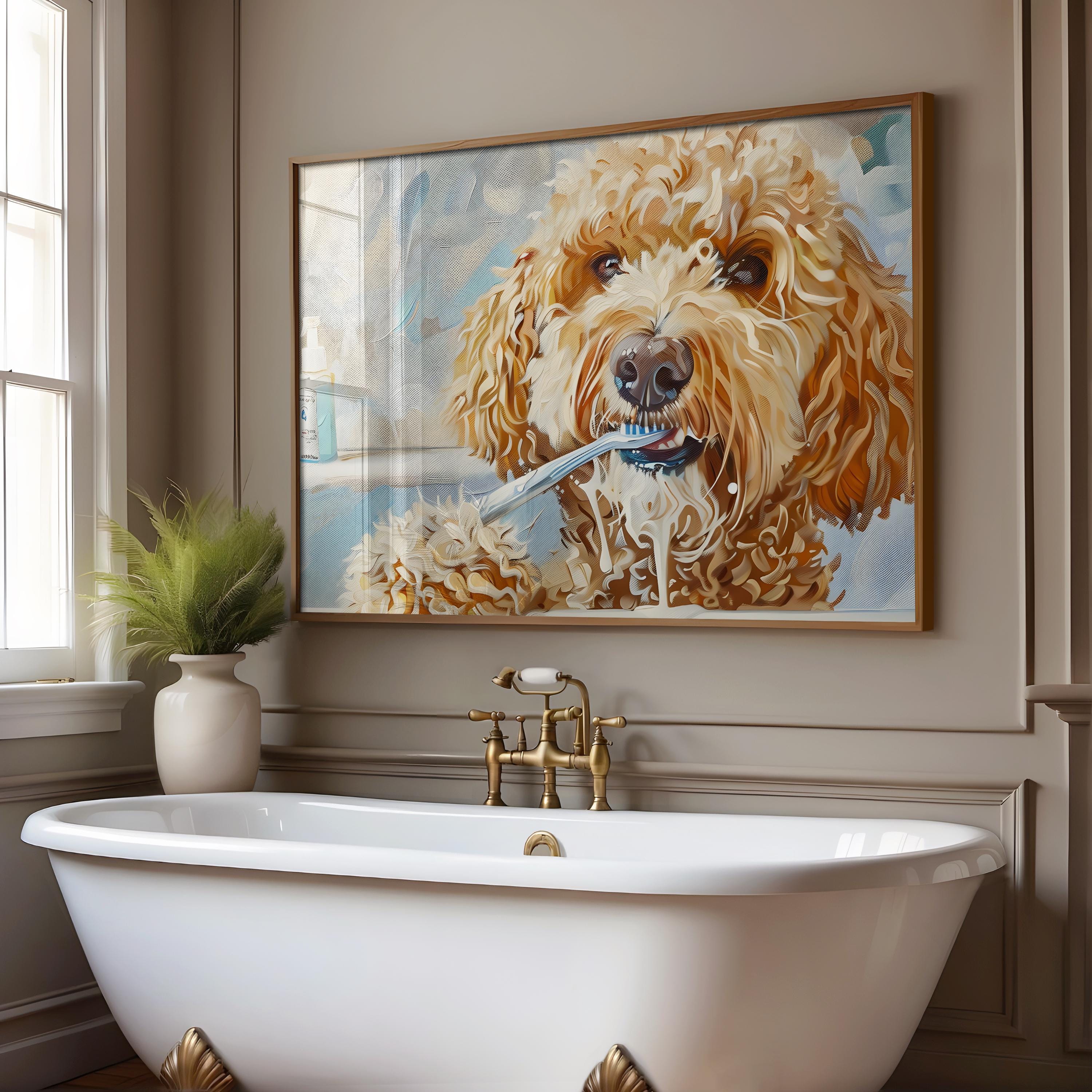 Goldendoodle Bathroom Wall Art, Funny Bathroom Decor Art Print, Goldendoodle Brushing Teeth Art, Pet Digital Download, T179