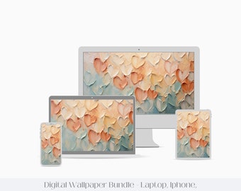 Puede incluir: Un paquete de fondos de pantalla digitales con un diseño abstracto colorido de corazones en tonos melocotón, amarillo y azul. El paquete incluye tres tamaños diferentes: un fondo de pantalla para escritorio, un fondo de pantalla para portátil y un fondo de pantalla para teléfono.