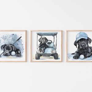 Golf Nursery Prints, Puppy Golf Wall Art, Watercolor Golf Nursery Decor, Black Lab Dog Nursery Wall Art, Golf Lover Baby Shower Gift, S193