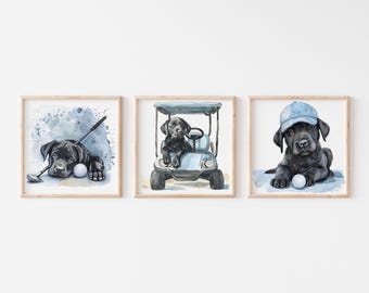 Láminas de golf para guardería, arte mural para cachorros de golf, decoración de acuarela para guardería, arte mural para perro labrador negro, regalo para baby shower de amantes del golf, S193
