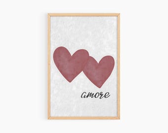 Amore Wall Art Print, Love Art, Trendy Wall Art, Pink Heart Poster, Dorm Room Printable Wall Art, S265