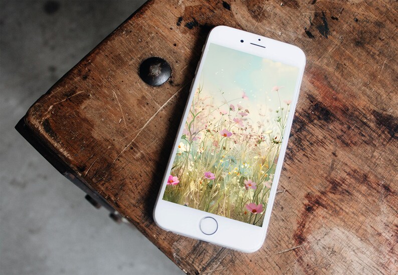 May include: A white smartphone with a floral wallpaper. The wallpaper features a field of pink and white flowers with a blue sky in the background.